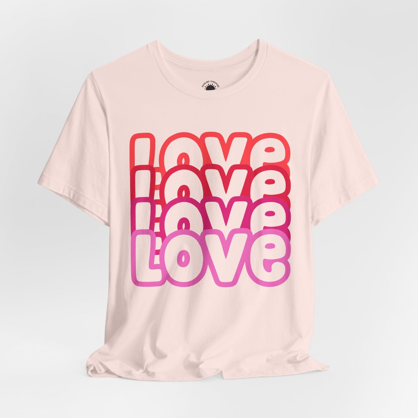 Love Repeat Tee, Red Pink Bold Outline Font T-Shirt, Heart Pattern Shirt, Valentine's Day Graphic Top, Unisex Jersey Short Sleeve Tee