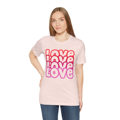 Love Repeat Tee, Red Pink Bold Outline Font T-Shirt, Heart Pattern Shirt, Valentine's Day Graphic Top, Unisex Jersey Short Sleeve Tee