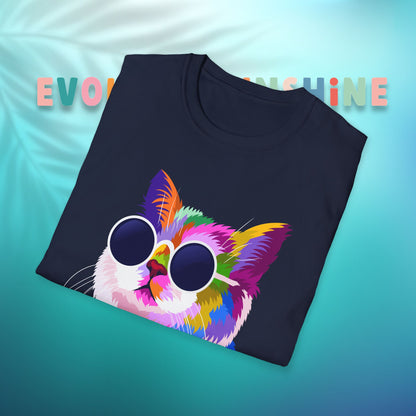 Colorful Cat Art T-Shirt, Fun Tee for Cat Lovers, Vintage Style Graphic Shirt, Cute Pet Gift, Casual Wear for Summer