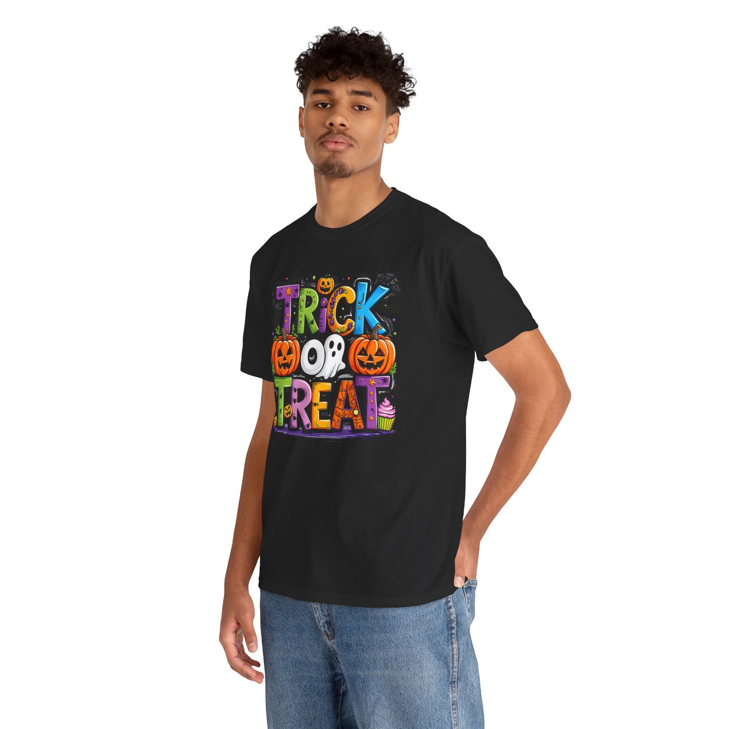 Halloween Trick or Treat Tee, Unisex Shirt for Adults, Jack-o-lantern and Ghost Design, Halloween Costume Shirt, Halloween Party Apparel,