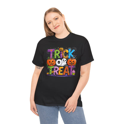 Halloween Trick or Treat Tee, Unisex Shirt for Adults, Jack-o-lantern and Ghost Design, Halloween Costume Shirt, Halloween Party Apparel,