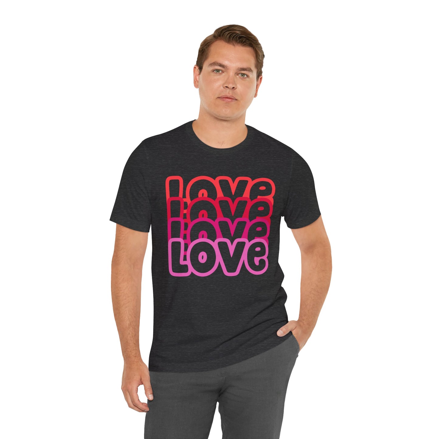 Love Repeat Tee, Red Pink Bold Outline Font T-Shirt, Heart Pattern Shirt, Valentine's Day Graphic Top, Unisex Jersey Short Sleeve Tee