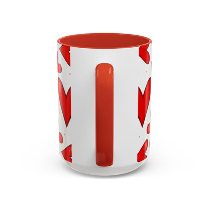 Red Hearts Accent Mug, Coffee Cup with Big Red Hearts, White Background, Red Handle and Inside, Valentine's Day Gift, Love Mug, Romantic