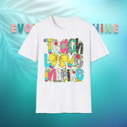 Colorful Teacher T-Shirt, Teach Love Inspire Shirt, Gift for Educators, Back to School Apparel, Inspirational Tops