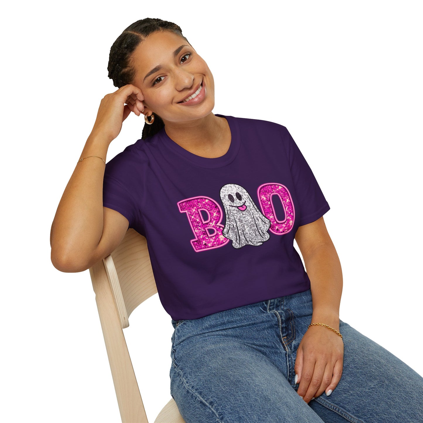 Faux Glitter "BOO" Shirt – Spooky Meets Sparkly! - Unisex Softstyle T-Shirt