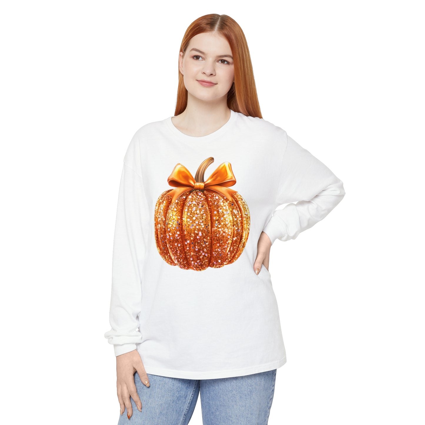 Pumpkin Sequin Long Sleeve Shirt, Halloween Orange Glitter Top & Bow, Comfort Colors Tee, Unisex Garment-dyed T-Shirt