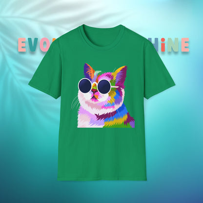 Colorful Cat Art T-Shirt, Fun Tee for Cat Lovers, Vintage Style Graphic Shirt, Cute Pet Gift, Casual Wear for Summer
