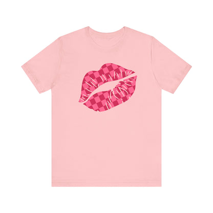 Checkered Smooch T-Shirt, Hot Pink Lips Tee, Fuchsia Kiss Shirt, Unisex Graphic Top, Kiss Print Apparel, Valentine's Shirt,