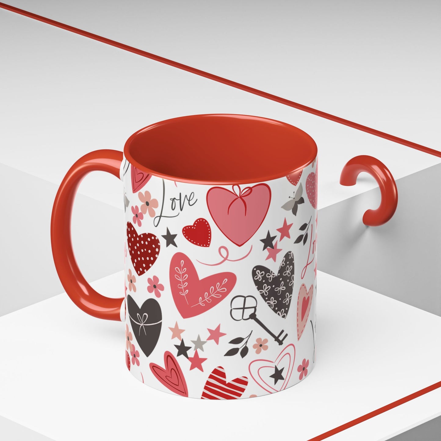 Valentine's Hearts Red Accent Coffee Mug (11, 15oz), Gift for Coffee Lovers, Valentine's Day Mug, Heart Design Cup, Valentine's Gift Idea,