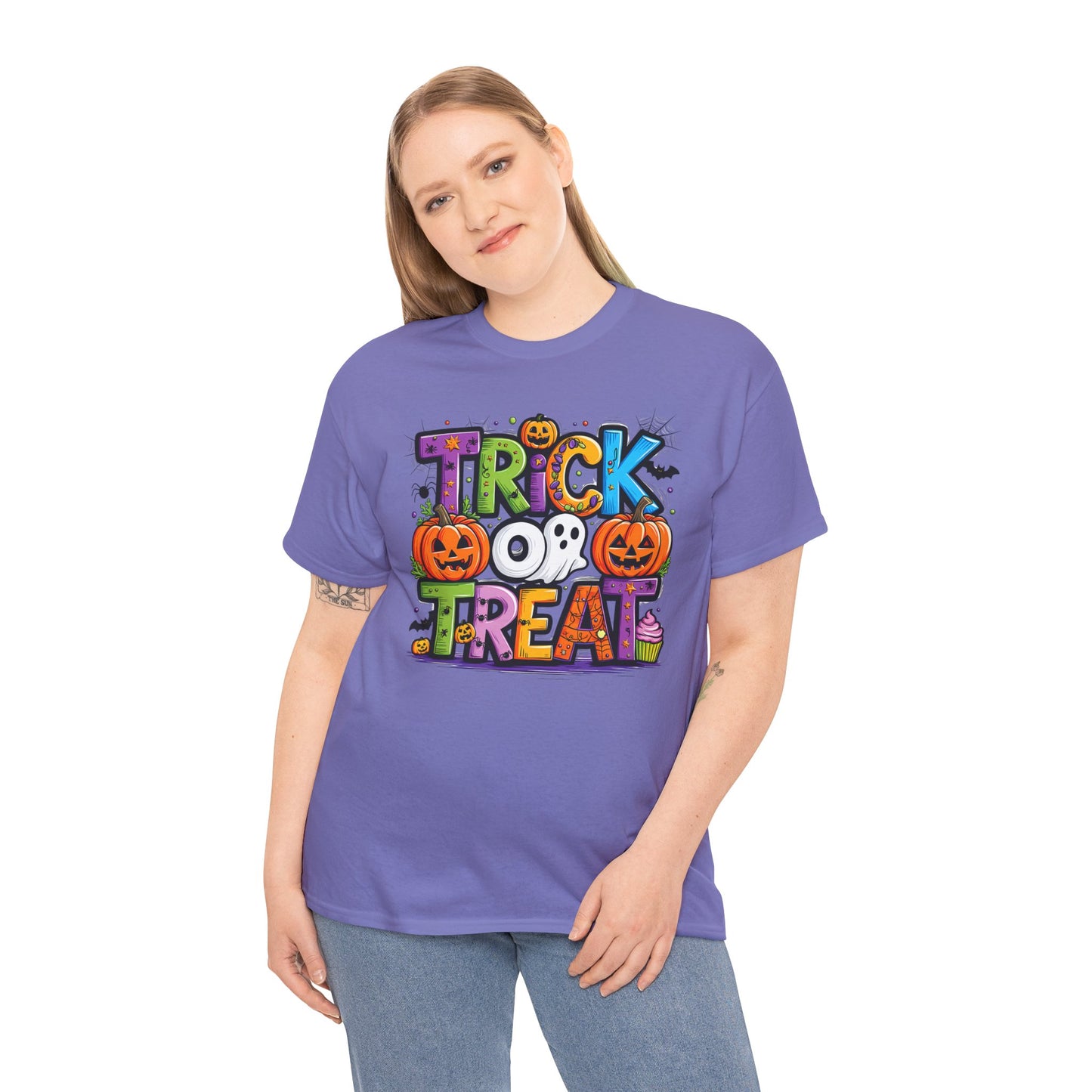 Halloween Trick or Treat Tee, Unisex Shirt for Adults, Jack-o-lantern and Ghost Design, Halloween Costume Shirt, Halloween Party Apparel,