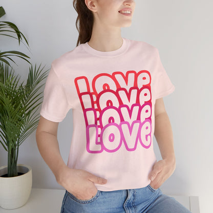 Love Repeat Tee, Red Pink Bold Outline Font T-Shirt, Heart Pattern Shirt, Valentine's Day Graphic Top, Unisex Jersey Short Sleeve Tee