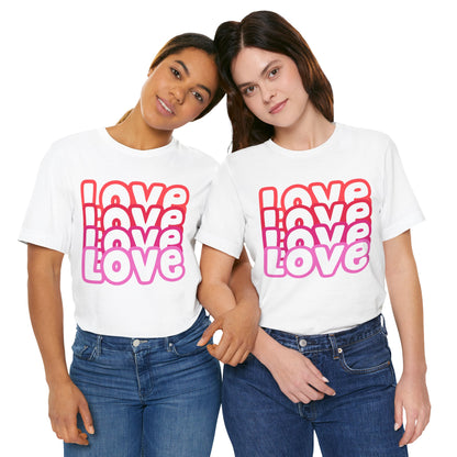 Love Repeat Tee, Red Pink Bold Outline Font T-Shirt, Heart Pattern Shirt, Valentine's Day Graphic Top, Unisex Jersey Short Sleeve Tee