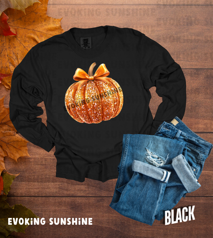 Pumpkin Sequin Long Sleeve Shirt, Halloween Orange Glitter Top & Bow, Comfort Colors Tee, Unisex Garment-dyed T-Shirt