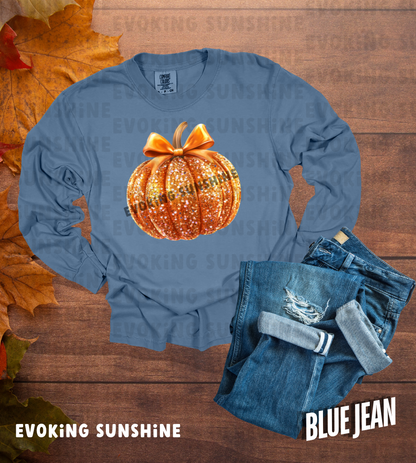 Pumpkin Sequin Long Sleeve Shirt, Halloween Orange Glitter Top & Bow, Comfort Colors Tee, Unisex Garment-dyed T-Shirt