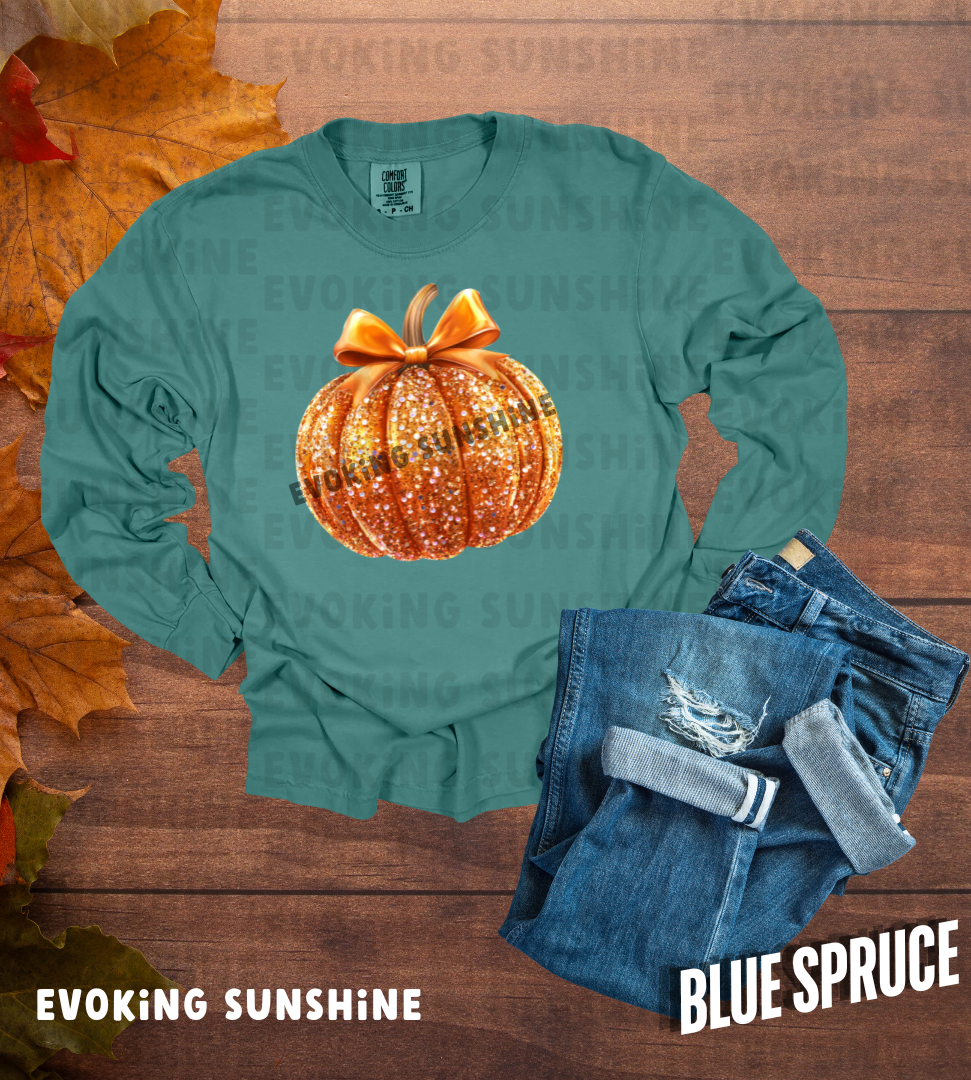 Pumpkin Sequin Long Sleeve Shirt, Halloween Orange Glitter Top & Bow, Comfort Colors Tee, Unisex Garment-dyed T-Shirt