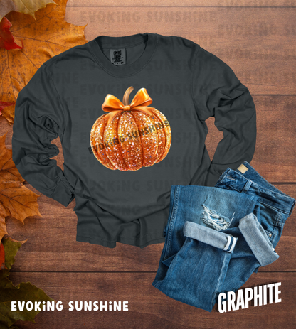 Pumpkin Sequin Long Sleeve Shirt, Halloween Orange Glitter Top & Bow, Comfort Colors Tee, Unisex Garment-dyed T-Shirt