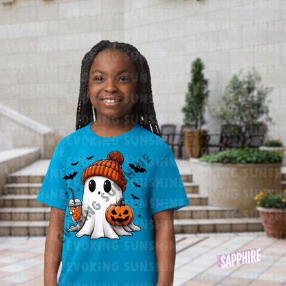 Pumpkin Season Vibes with Cute Ghost - Halloween T-Shirt - Kids Tee