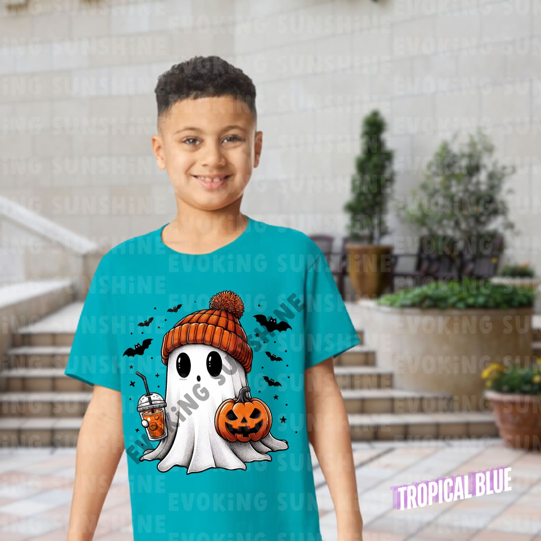 Pumpkin Season Vibes with Cute Ghost - Halloween T-Shirt - Kids Tee